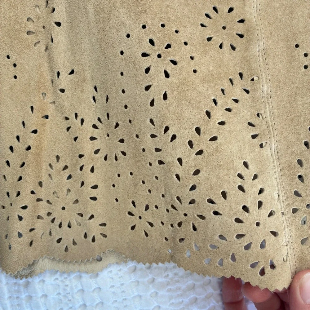 Coldwater Creek Suede Midi‎ Skirt Tan Laser Cut Romantic Western Women 12P